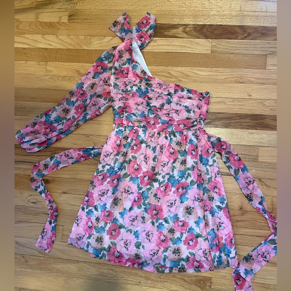 One Shoulder Pink Floral Dress